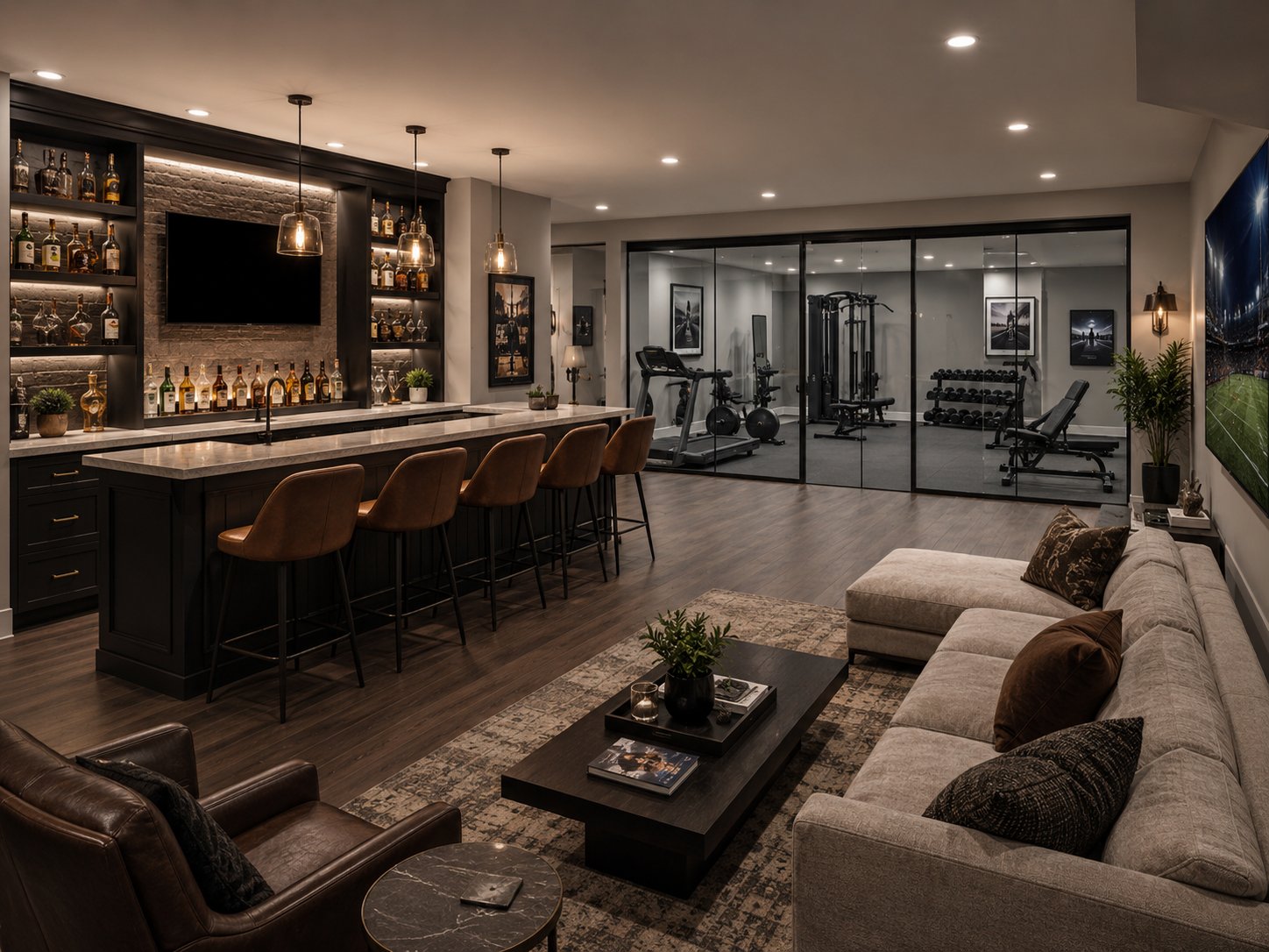 Finished basement entertainment lounge with full bar and home gym