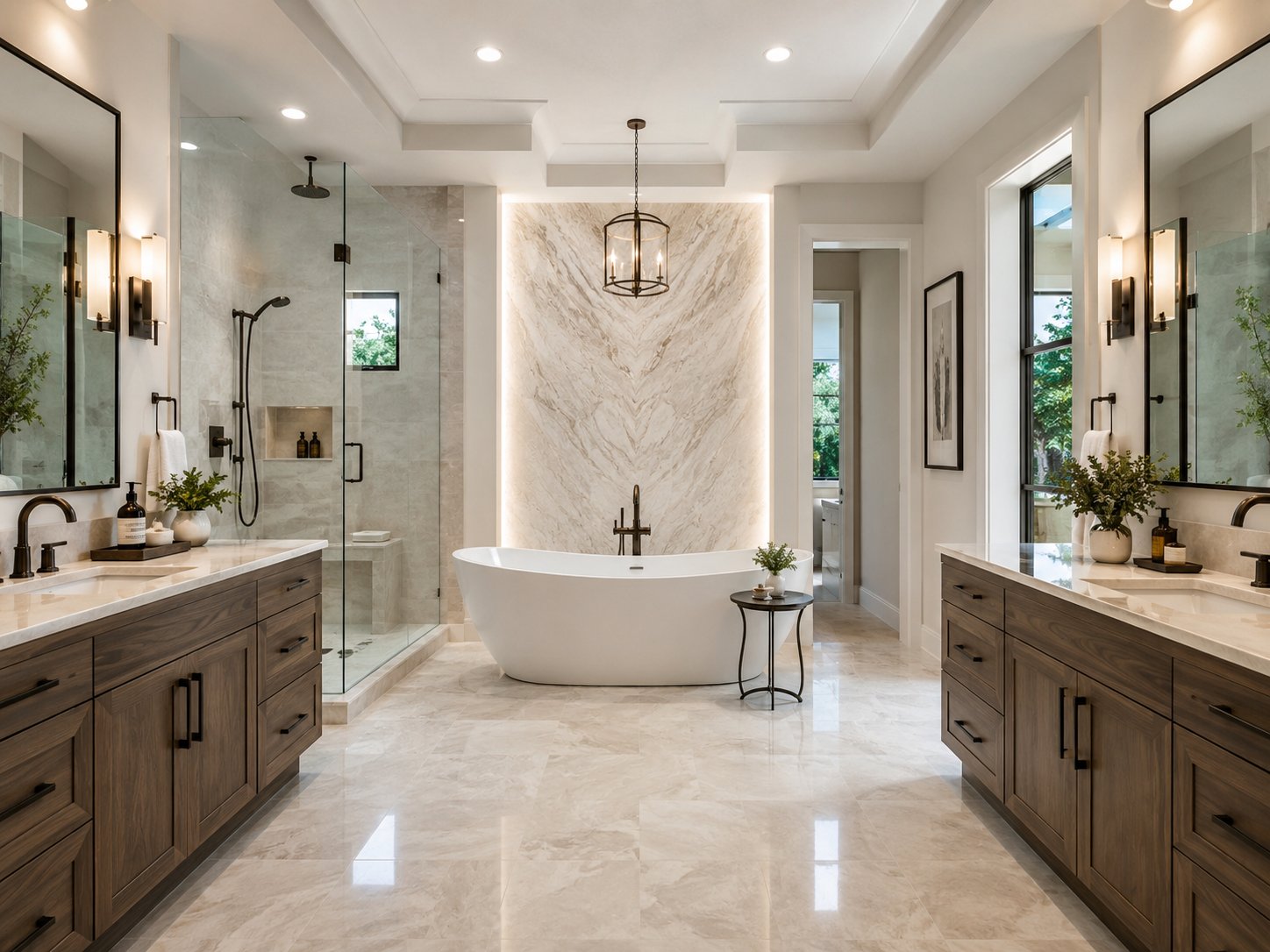 His and hers ensuite bathroom with freestanding soaking tub and dual vanities