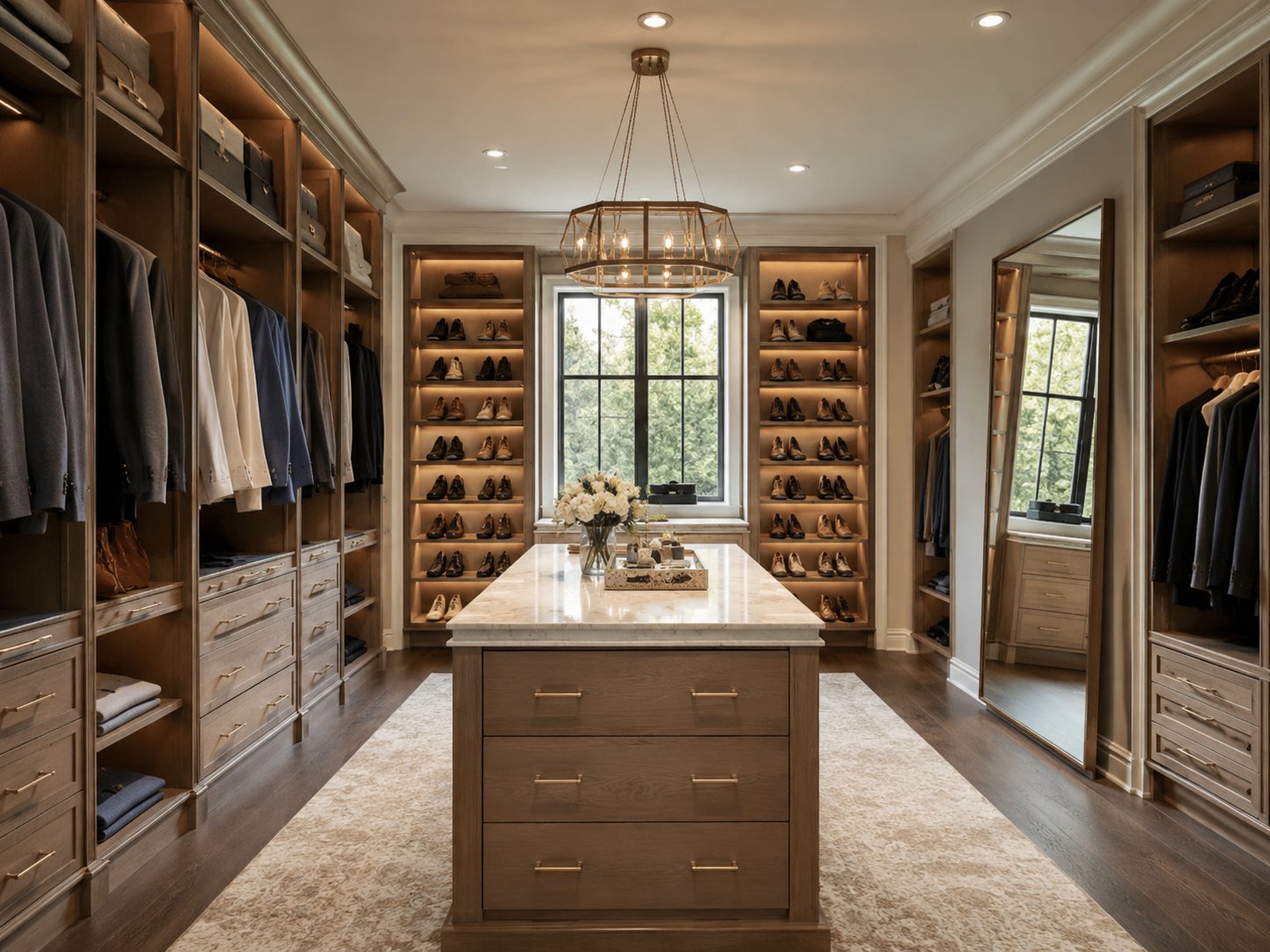 Custom walk-in closet with island marble countertop and lit shelving
