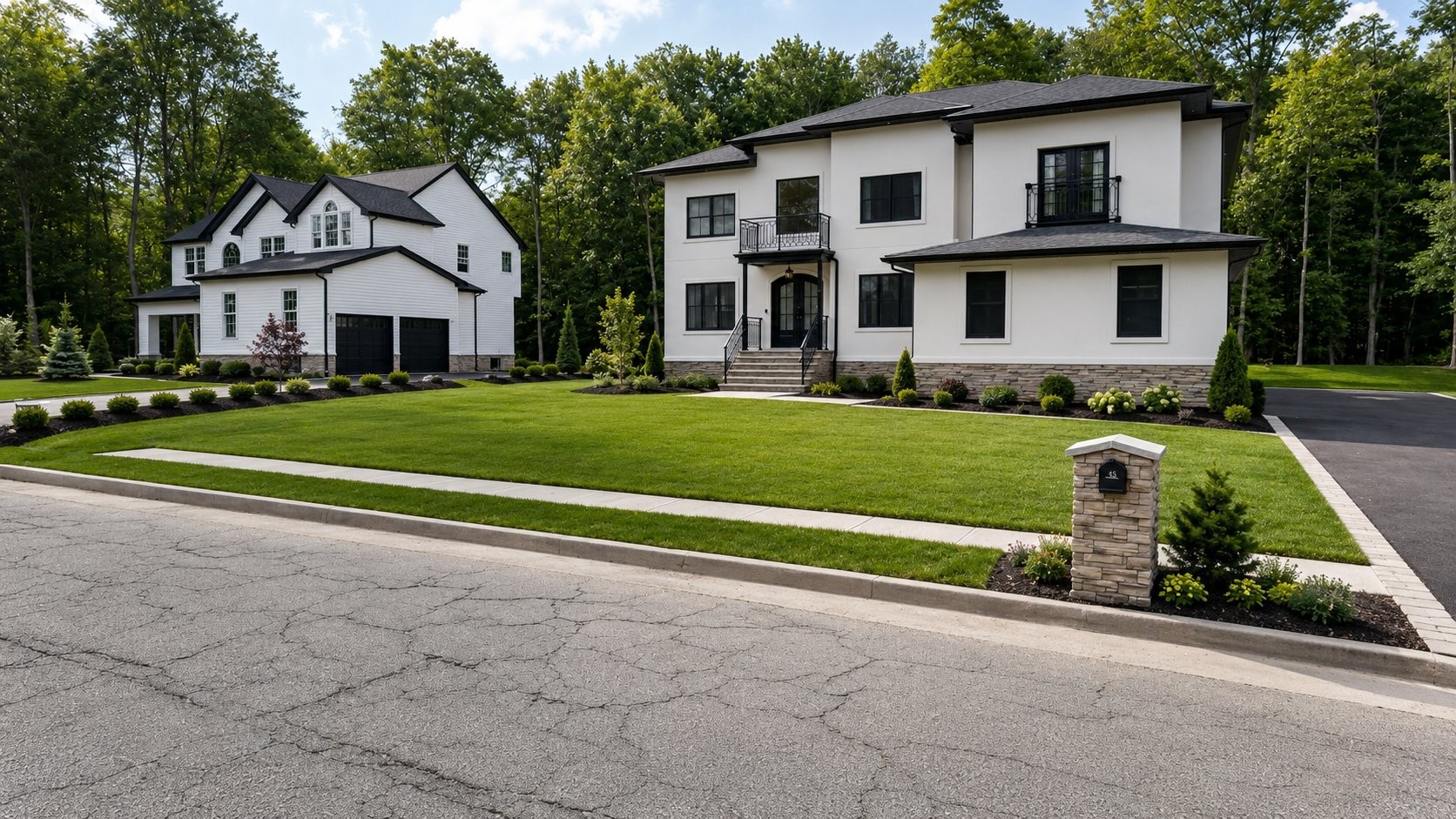 The two completed custom homes at 2 and 4 Tulip Drive — modern white stucco and farmhouse-style residences built by Brunswick Properties in North Brunswick, NJ