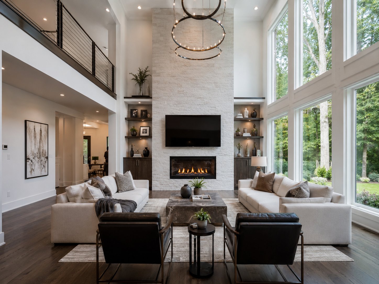Double story great room with stone fireplace and floor-to-ceiling windows